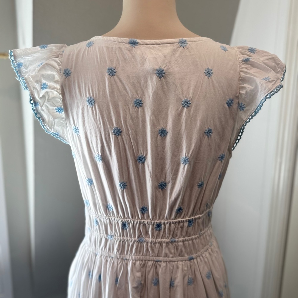 Rachel Zoe Blue/White Cotton Maxi Dress Eyelet Flutter Sleeve Romantic | Size 8 - Picture 6 of 13